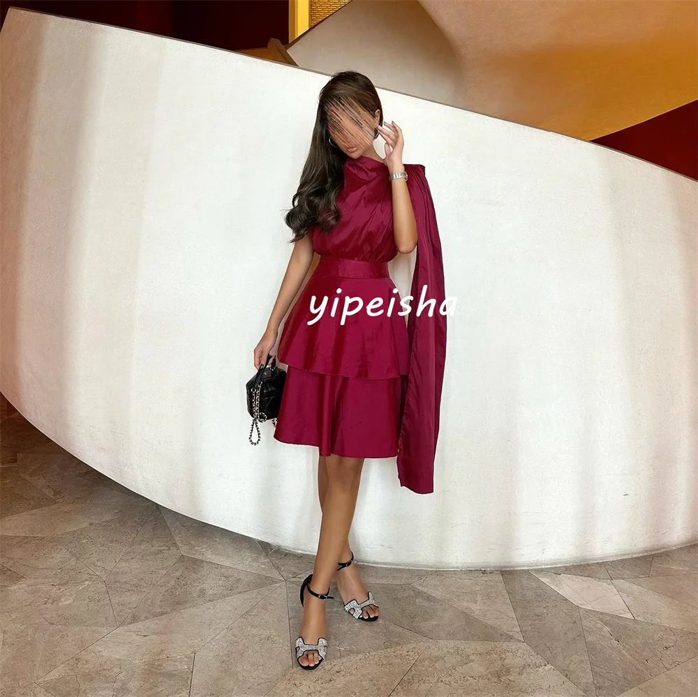 Customized Sizes Available Modern Style Pleat Sash Tiered A-line High Collar Knee Length Dresses Bespoke Occasion Dresses Sexy