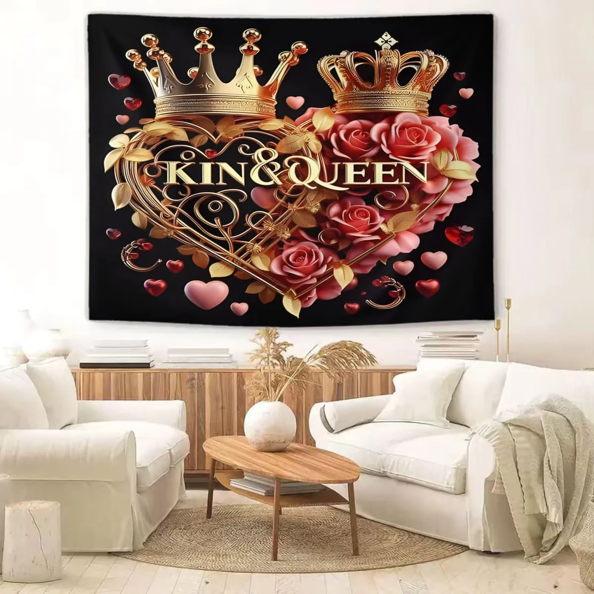 

Floral "Love" Pet Decor Tapestry: Patterned "Love" Text, Cute Puppy & Hearts on Pastel Backdrop. Fit for Living Rooms and Hotels
