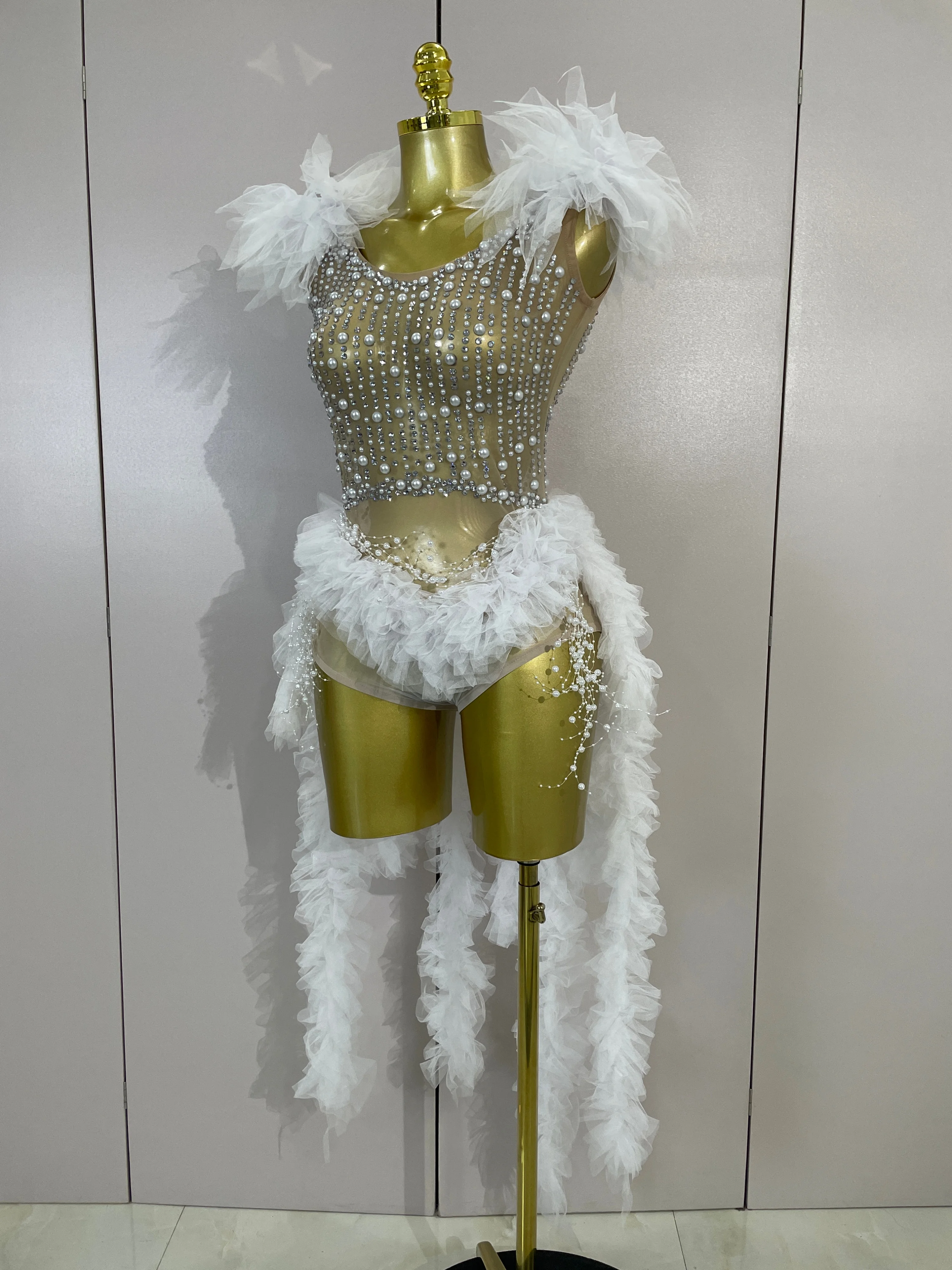 Sparkly Rhinestones Pearl Fringe Tassel Bodycon Bodysuits DJ Nightclub Performance Stage Wear Luxury Birthday Photo Shoot Outfit