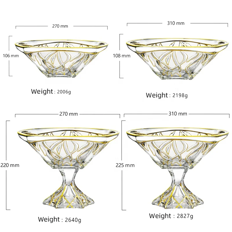 Luxury modern glass fruit bowl gold-plated seaweed pattern glass foot fruit bowl home decoration