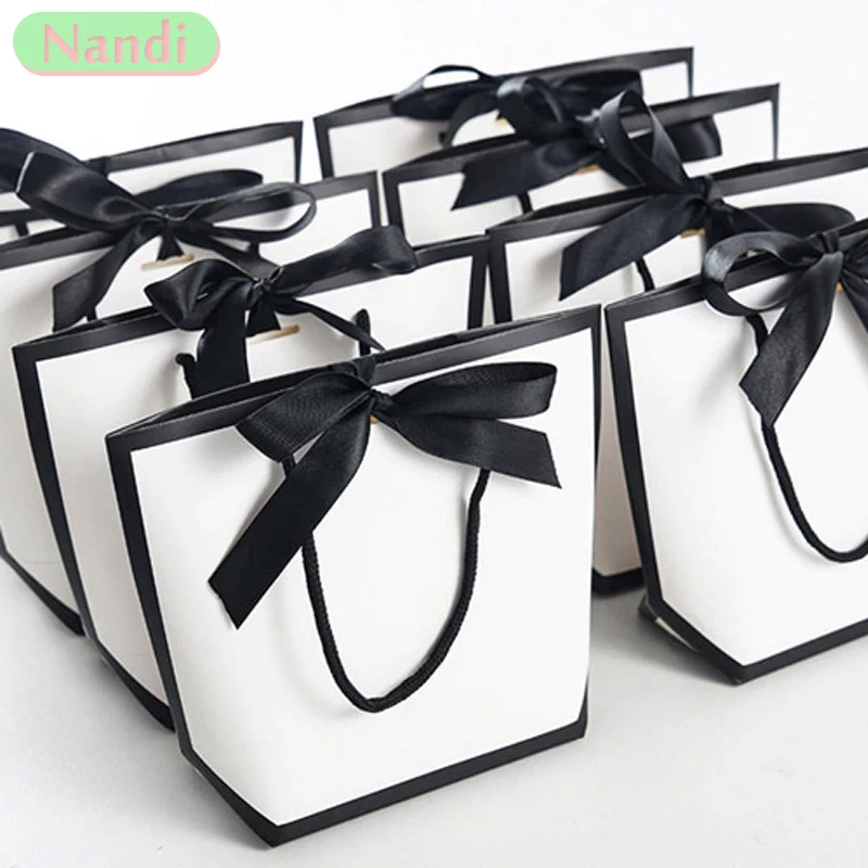 5pcs Ribbon Bow White Pardboard Paper Tote Gift Bags with Handles Shopping Party Wedding Party Birthday Retail Bags