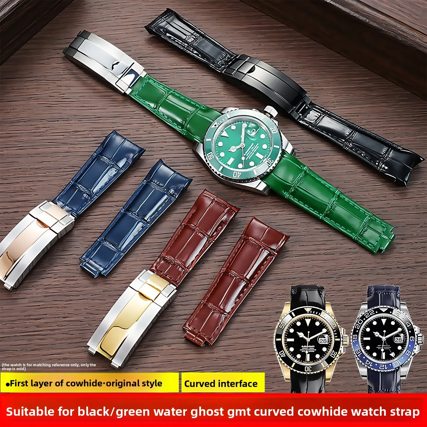Original Style Curved end watch Strap 20mm For Rolex Water Ghost Genuine Leather watchband GMT Submariner Daytona men bracelet