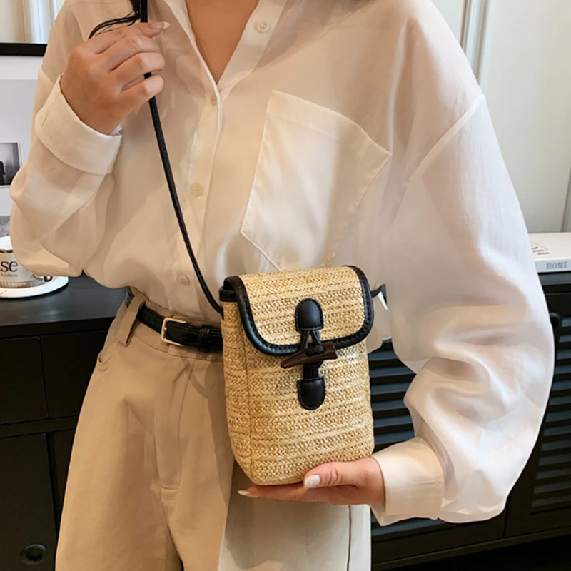 Woven Straw Women Crossbody Bag Summer Bohemia Beach Rattan Female Retro Shoulder Messenger Bag Solid Mobile Phone Coin Purse