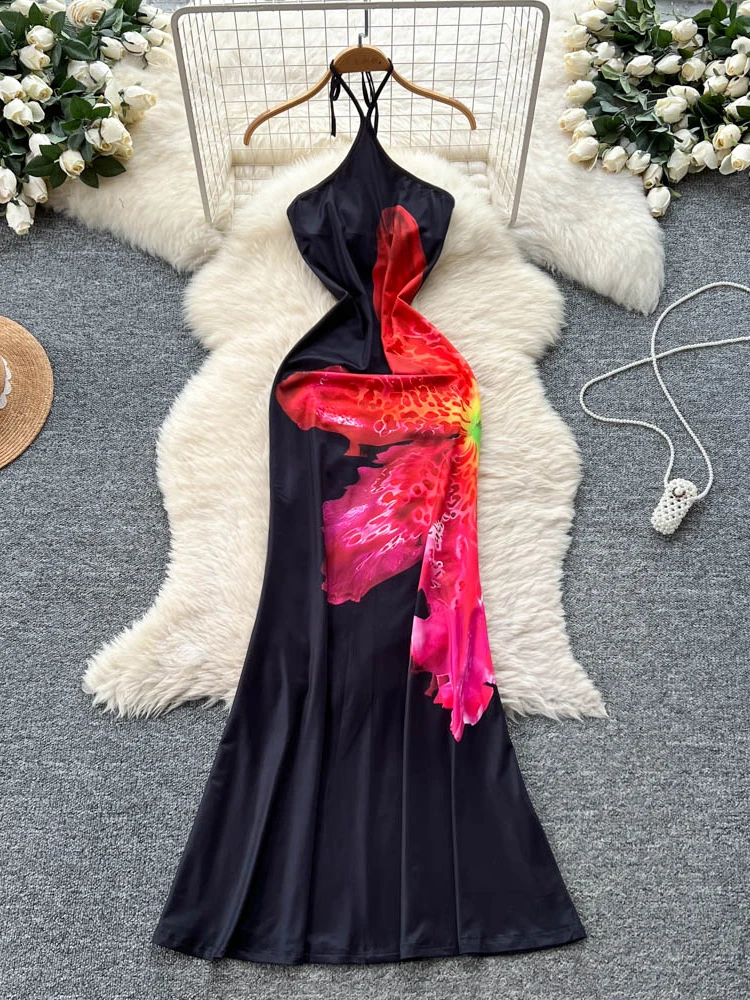 กระโปรงทรงเอเอวสูงพิมพ์ลายแฟชั่นฤดูร้อนสำหรับผู้หญิงสไตล์เกาหลี สายเดี่ยวเซ็กซี่ เหมาะสำหรับเดินทาง