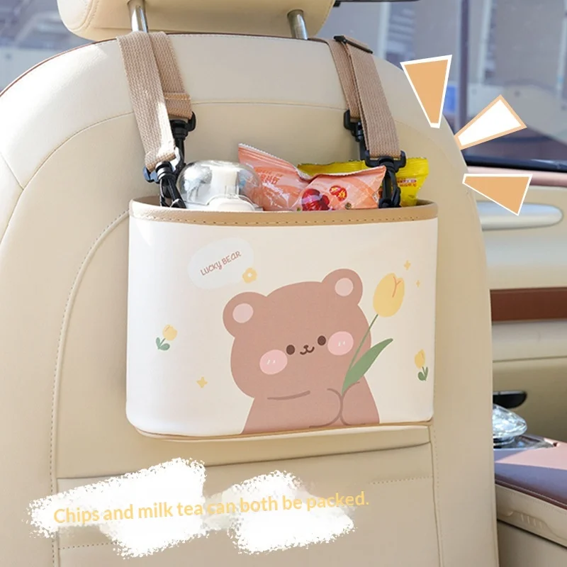 Cartoon Tulip & Bear Car Trash Bin Multifunctional Hanging Storage Organizer for Car Seat Back Cute And Practical