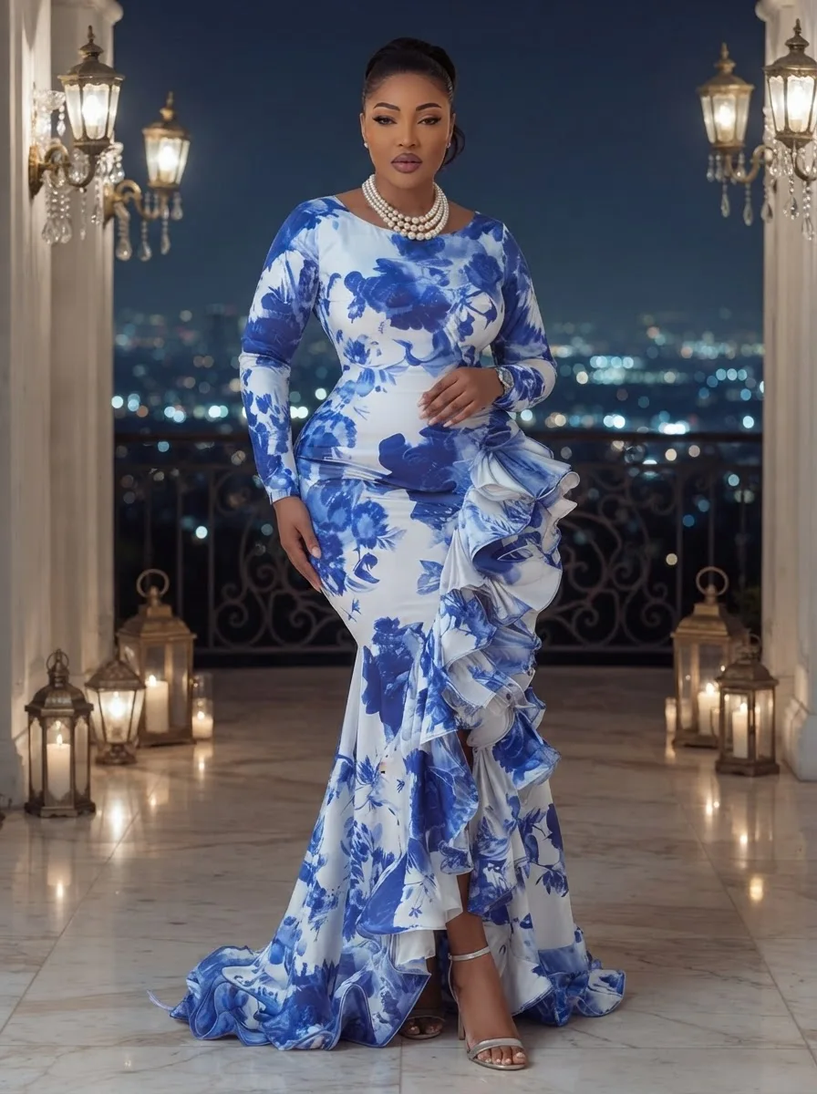 Floral Print Mermaid Maxi Dress Boat Neck Long Sleeve Ruffle Slit Formal Gown Wedding Guest Elegant Women Plus Size Dress view 4