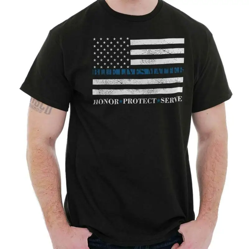 

Thin Blue Line Flag Lives Matter Patriotic Womens or Mens Crewneck T Shirt Tee