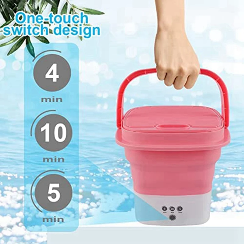 Pink Portable Travel Washing Machine, Mini Folding Washing Machine Combo With Small Collapsible Drain Basket