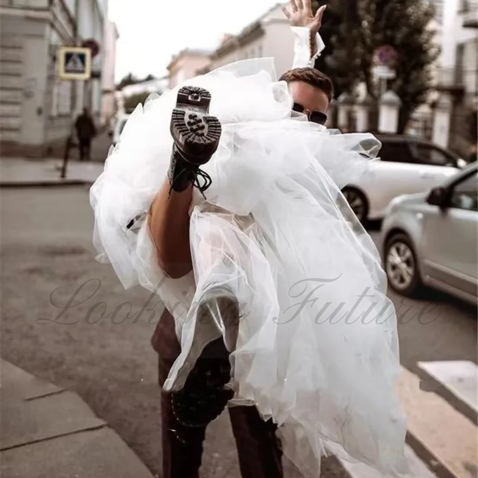 Vestido de noiva cetim morden para mulheres, vestidos de organza, sem alças, manga comprida, branco, botão ilusório, 2024