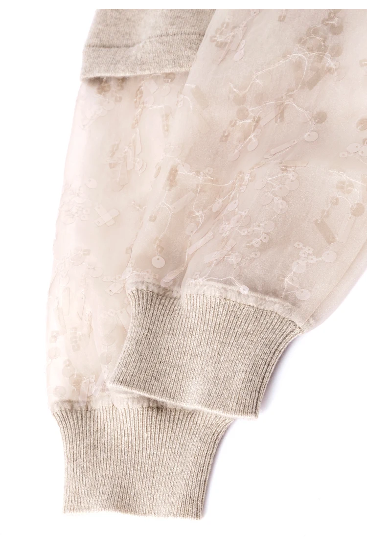 BD4521243 Damen-Kaschmir-Cardigan mit Knöpfen, Stehkragen, Langen Ärmeln, Organza-Pailletten-Manschetten, Lockerer Schnitt, Winter-Strickware – Detail 13