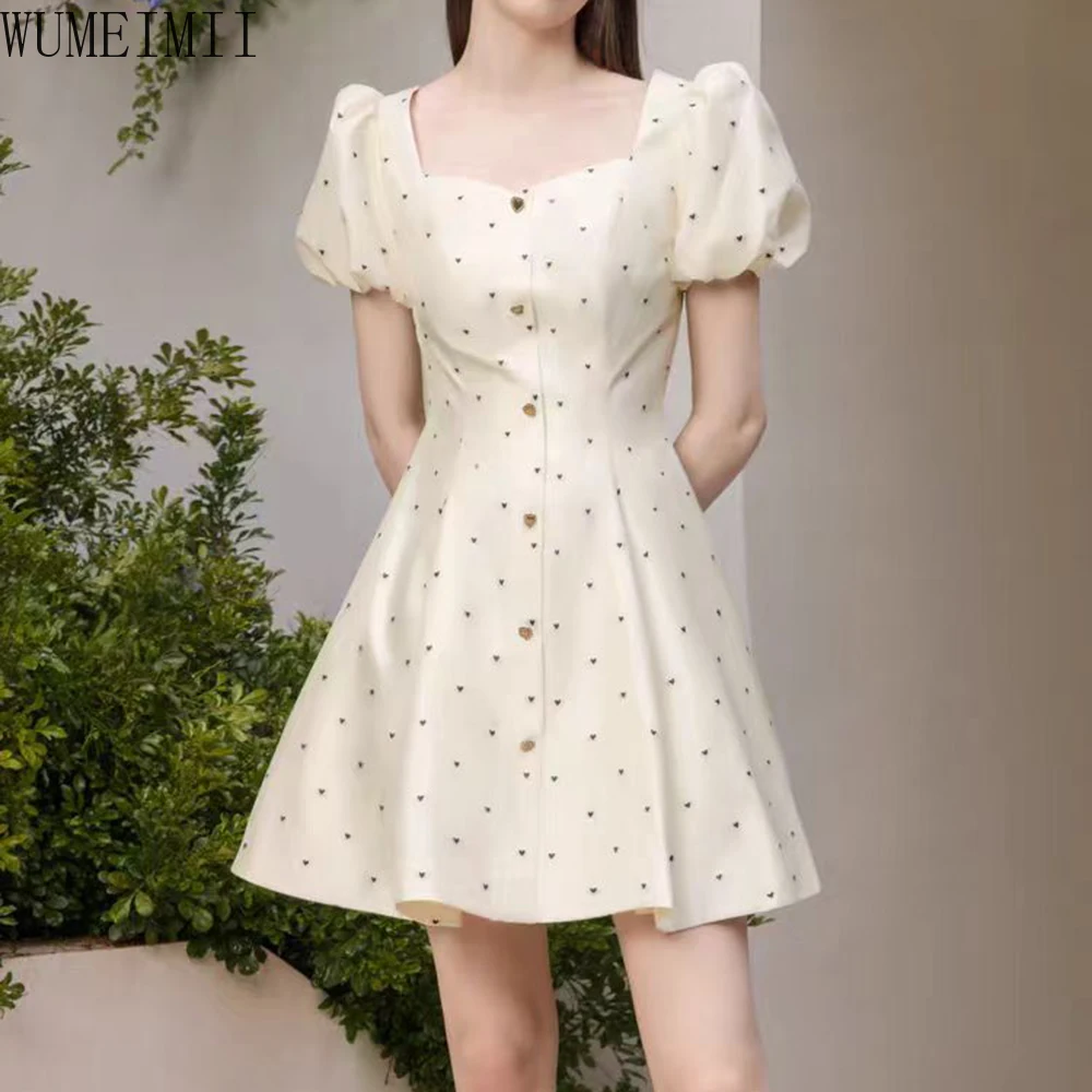 

French 2025 summer new sweet love polka dot bubble short-sleeved skirt dress vestidos de mujer