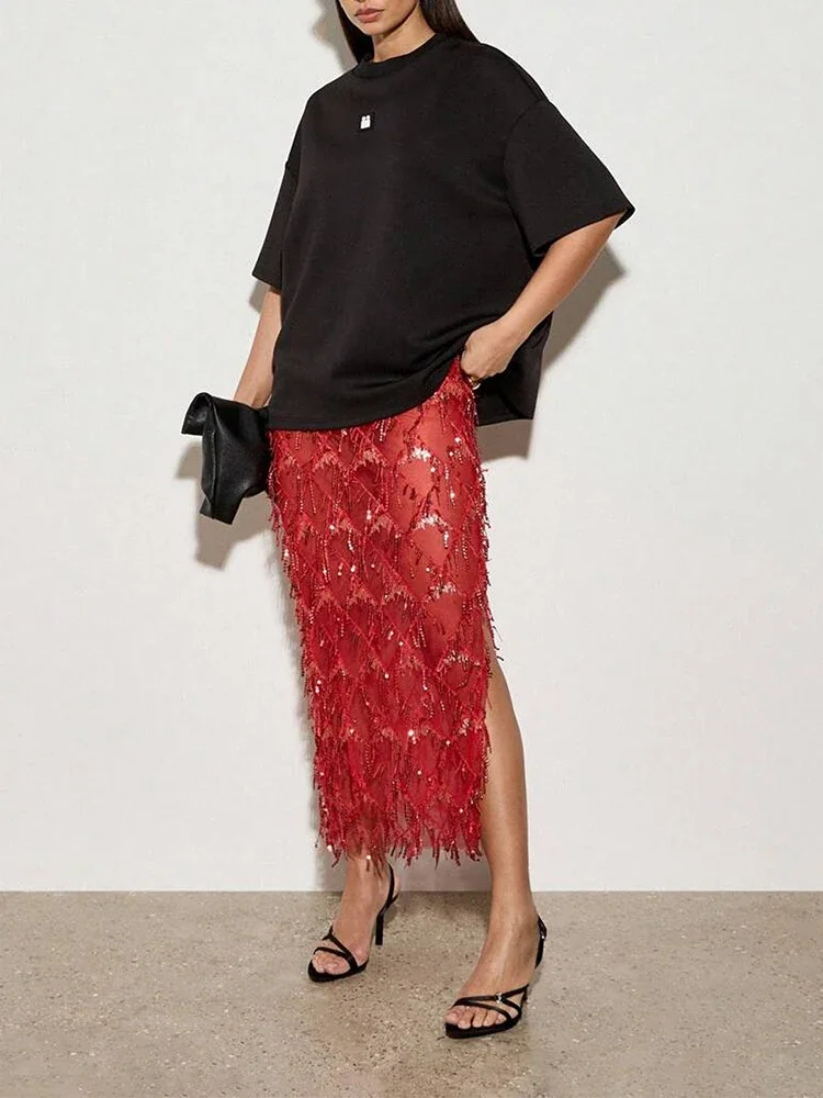 Sexy perspective sequin fringe casual versatile skirt for women straight tube temperament sequin skirt