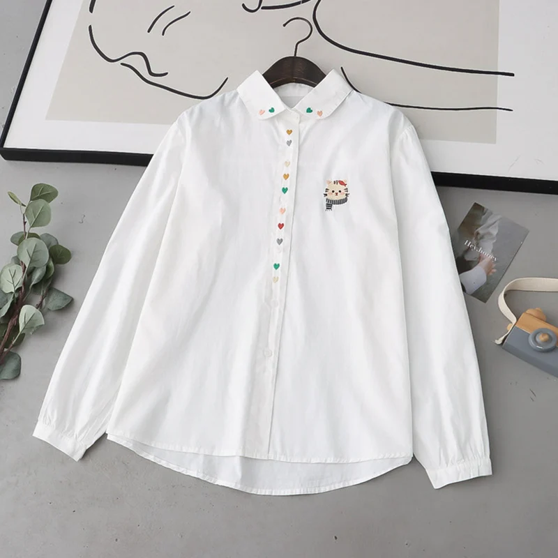 Cartoon Cartoon Cat Love Embroidey Turn Down Collar Shirt Women White Apricot Color Long Sleeved Cotton Base Blouse Tops U332