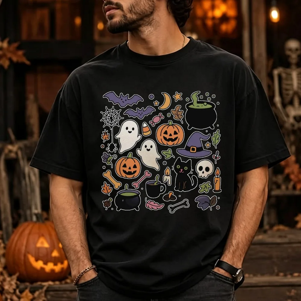 Halloween Doodles Spooky Season Cute Fall Graphic T-Shirt Casual Short Sleeve Tee Pumpkin Witch Black Cat Blouse Women Clothing