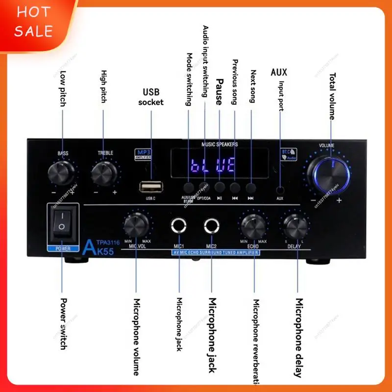 Heim-Leistungsverstärker AK55 900 W, max. 2,0-Kanal-Bluetooth-Audio, Hifi-Verstärker, Karaoke-Musik-Player, EU-Stecker A62X