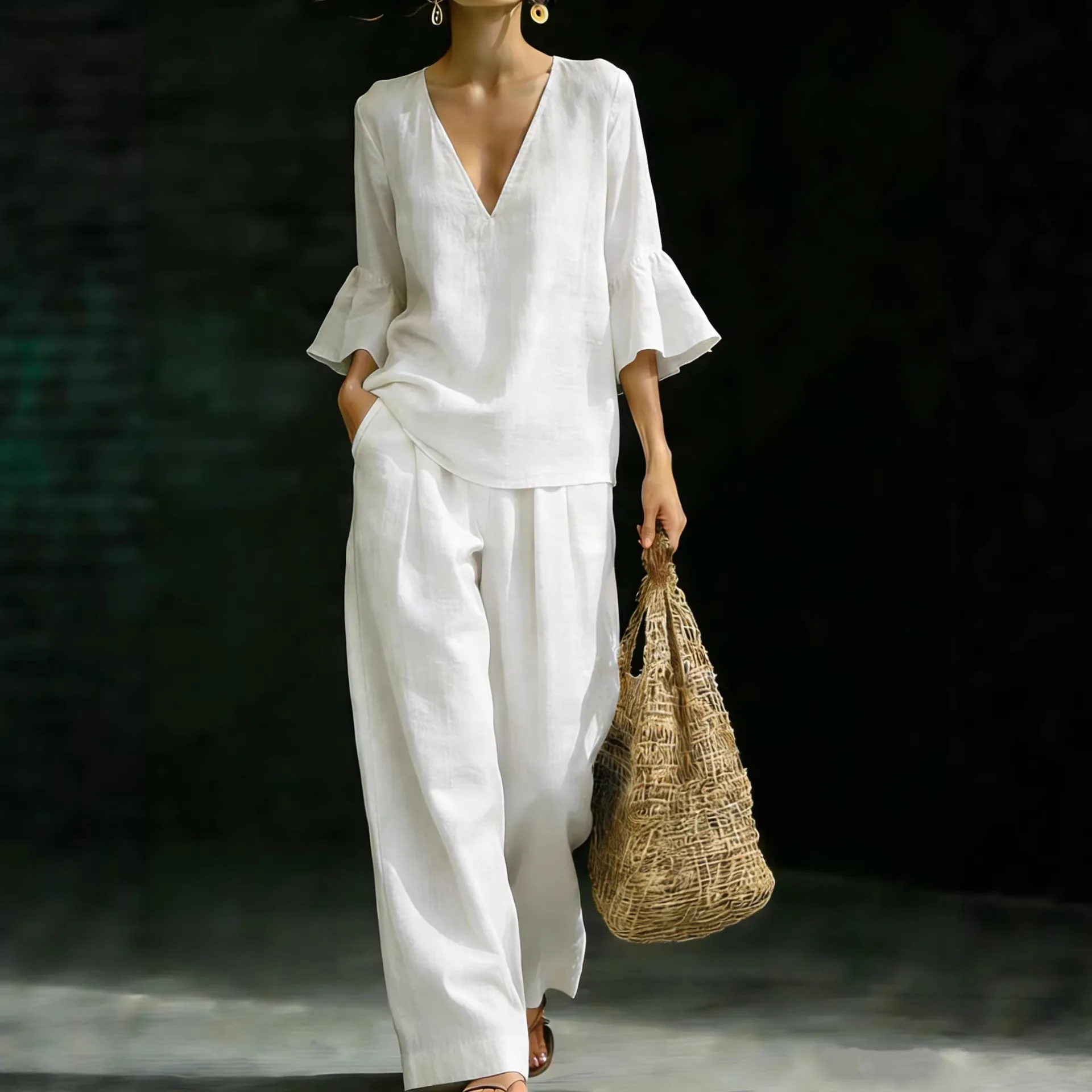 2026 Spring Summer Women's Suit Elegant Cotton Linen Top with Lotus Leaf Sleeves Casual Trousers Europe The USA 3XL Size