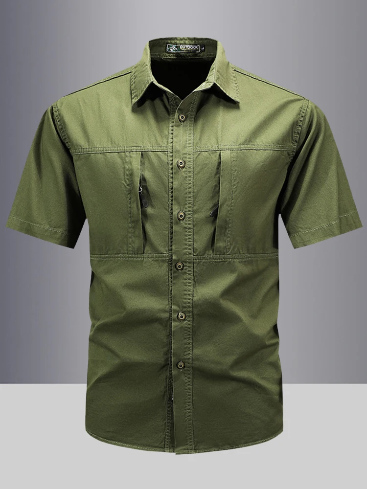 

High-End Retro Pure Cotton Men's Shirt Summer Zipper Pocket Casual Versatile Long Sleeve Fashionable Workwear