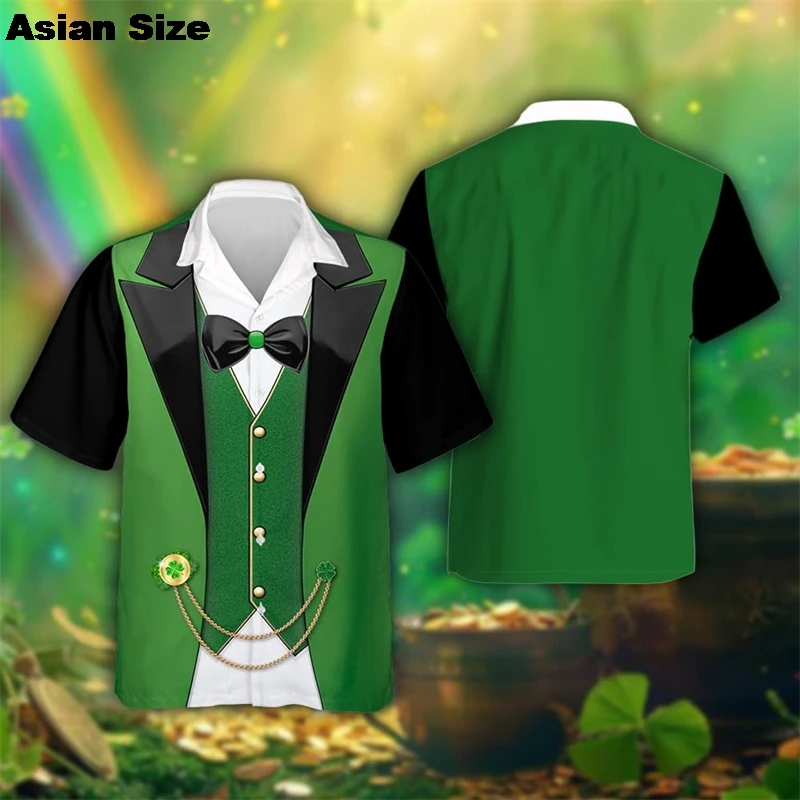 

2025 Saint Patrick Mens Shirt Festive Green Shamrock Print Lapel Short Sleeved Shirt Vintage Solid Shirts Cardigan Men's Blouses
