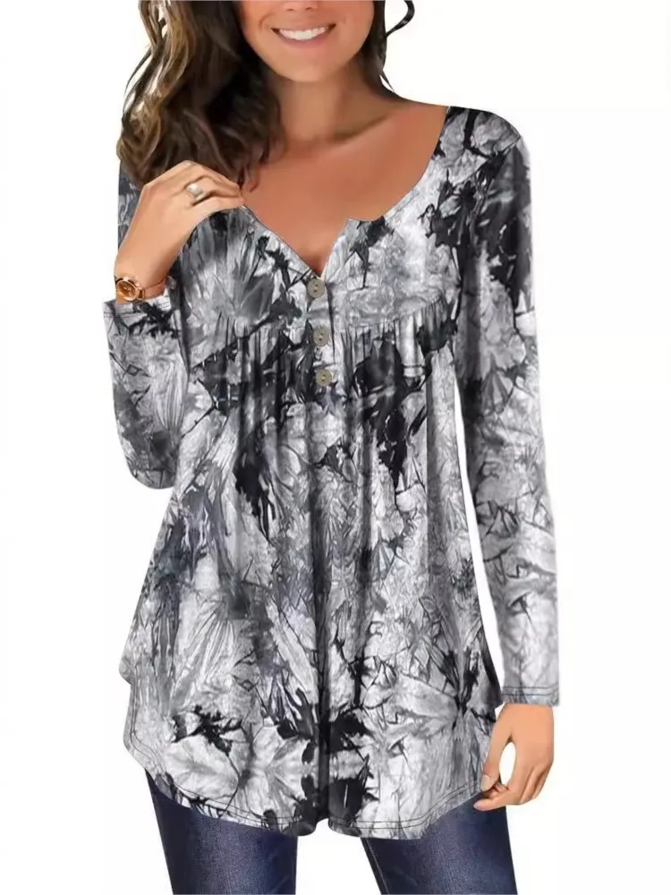 

Women's Autumn Casual V-neck Top Fashionable Printed Tie-dye And Smudge Button Long Sleeves Top 2025 Women's Loose Commuter Wear