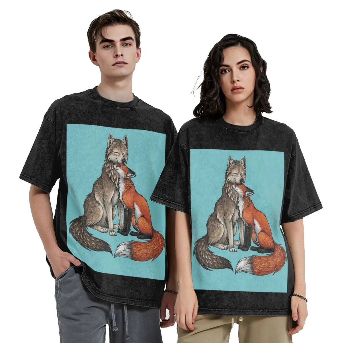 

Футболки с короткими рукавами в стиле хип-хоп с волком и лисой, потертые топы, футболки, уличная футболка, винтажная футболка для мужчин и женщин