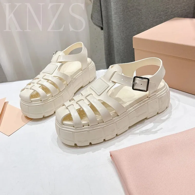 

Summer New Round Toe Increase Hollow Out Real Leather Platform Sandals Woman Weave Design Thick Bottom Casual Women's Shoes 2024