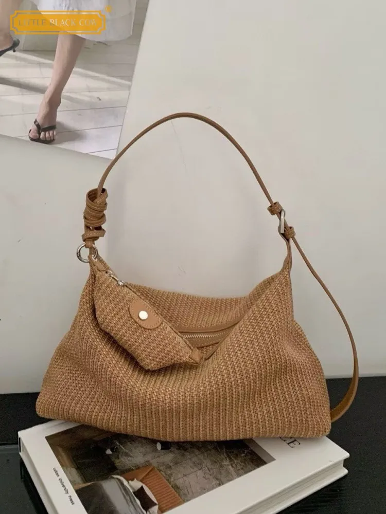 

Women Summer Large Capacity Handmade Weave Straw Beach Bag Hollow Out Cow Leather Spliced Strap Shoulder Bag Totes Crossbody Bag