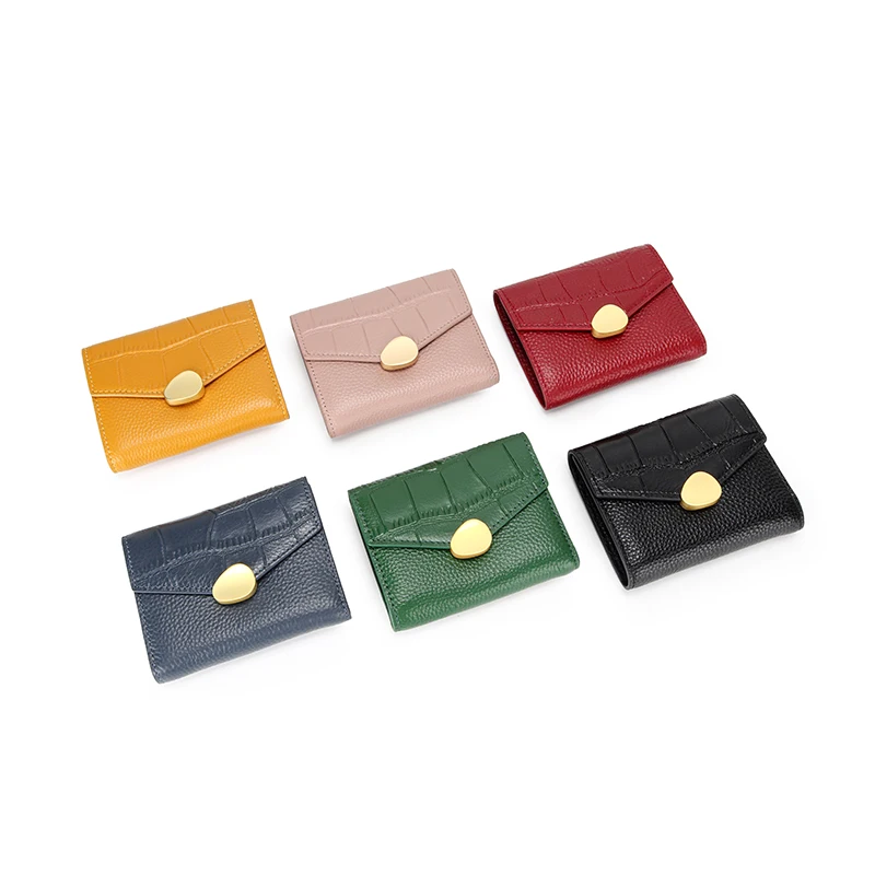 Coin purse 100% Genuine Cow Leather Tri-fold Wallet Ladies Elegant Irregular Metal Button Short Purse For Women card holder