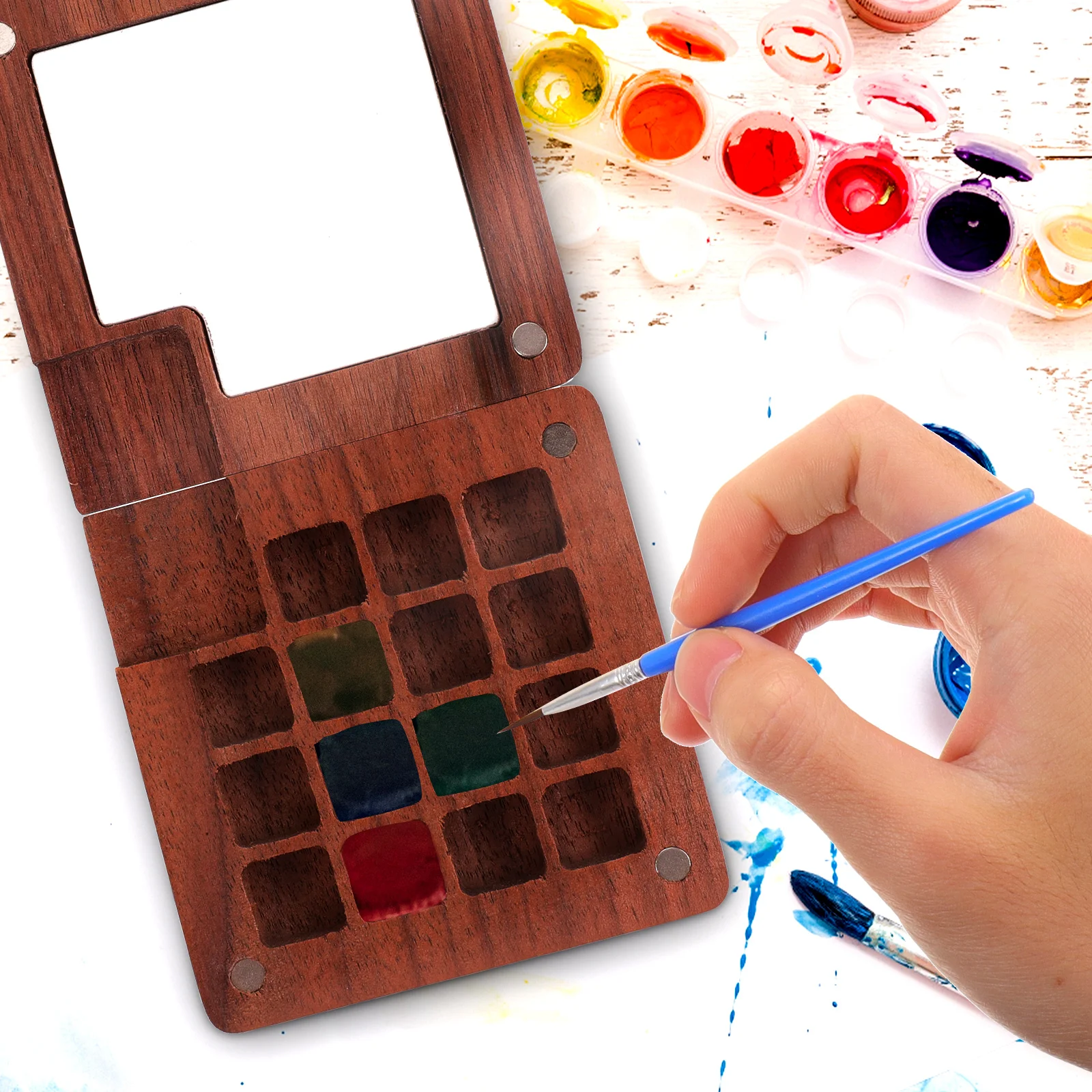 

Mini 15 Colors Watercolor Palette Wood Paint Box Lid for Artist Student Storage Durable Quality Wooden Pigment Box