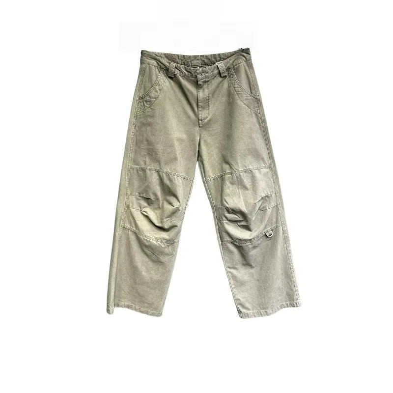 Premium American Streetwear Pure Cotton Cargo Pants Men Outdoor Loose Straight Casual Trendy Wide Leg Stacked Long Trousers Male