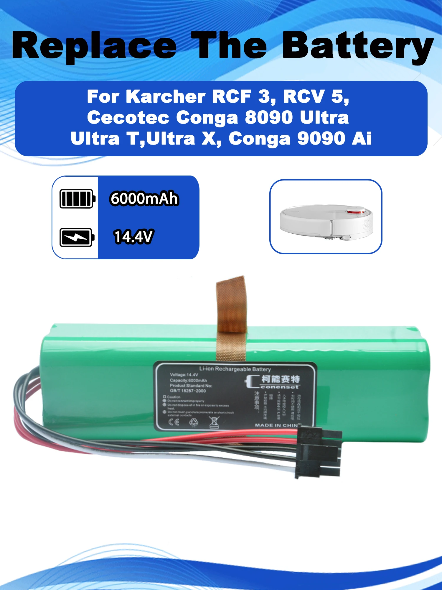 14.4V Replacement Battery For Karcher RCF 3, RCV 5, For Conga 8090 Ultra, Ultra T,Ultra X, Conga 9090 Ai Robot Vacuum Cleaner