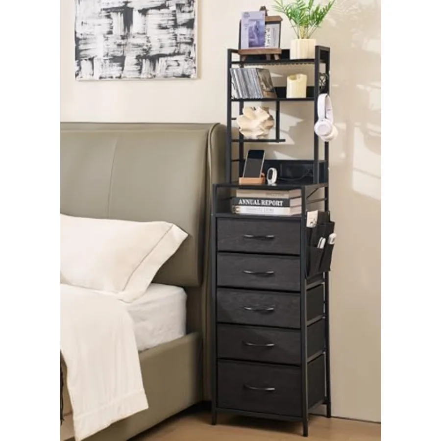 

56'' Tall Nightstand with Charging Station 5-Tier Storage Shelves and Fabric Drawers Full-Color RGB LED Light Modern Bedroom Ni