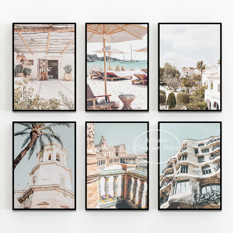 Póster de paisaje urbano con impresión de pueblo español, pintura en lienzo, imágenes de pared, sala de estar, decoración nórdica para el hogar, regalos de fotografía