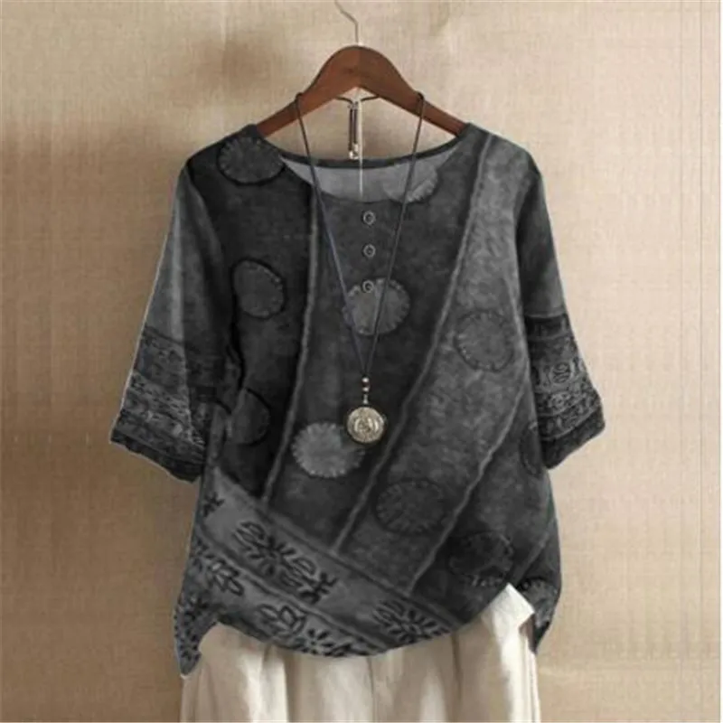 Ethnic Style Women's O-neck Digital Vintage Print Loose Shirt Oversized Half Sleeve Blouses Tops Women Harajuku Casual Pullover