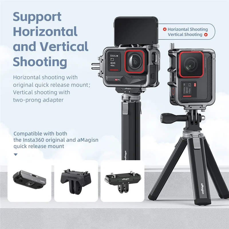 AMAGISN Casing Bingkai Aloi Aluminium untuk Insta 360 Ace Pro untuk Insta360 Ace Menembak Cangkang Pelindung Sepatu Dingin Ganda Vertikal