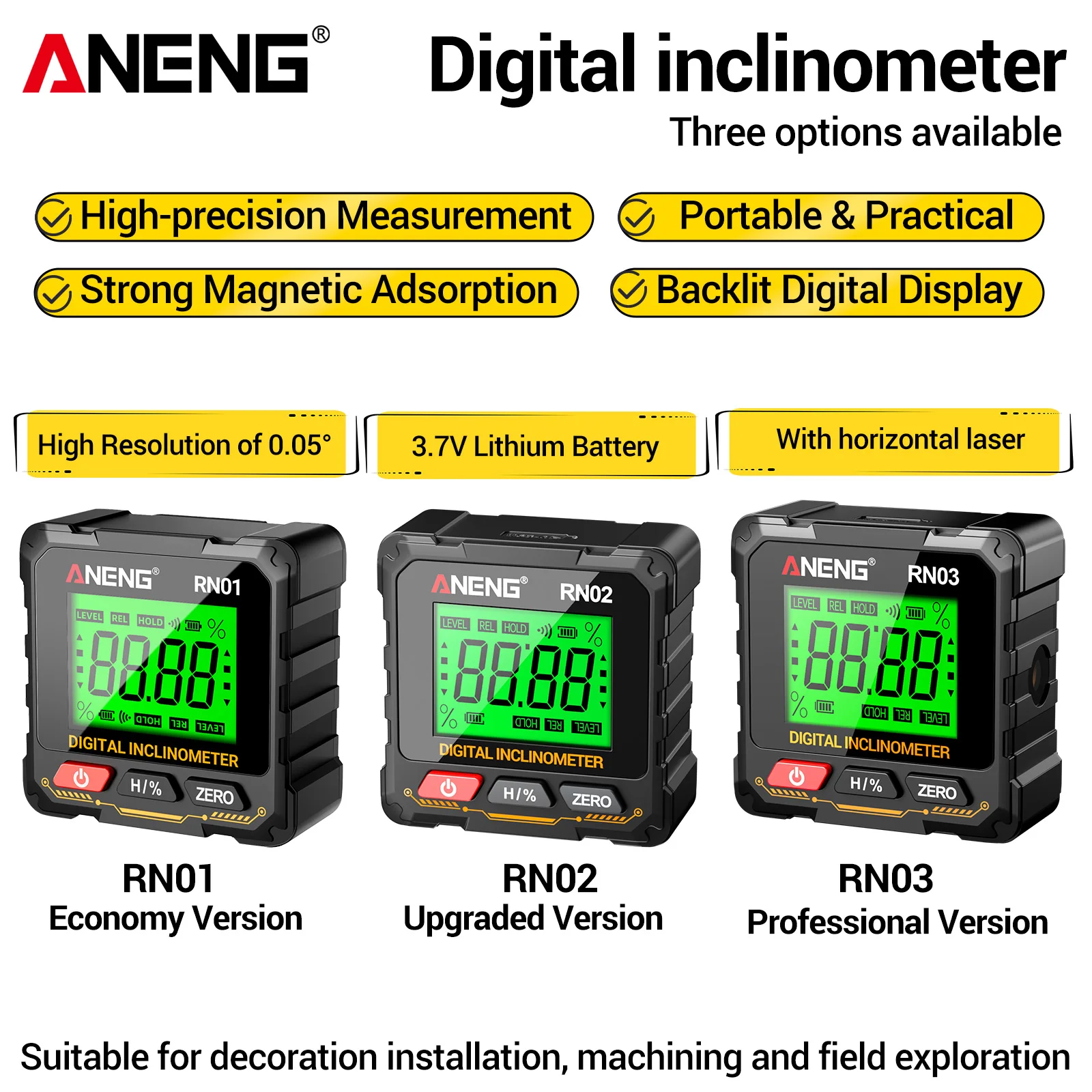 ANENG RN01/RN02/RN03 Digital Tiltmeter Four Sided Magnetic Automatic Screen Flip Multi Functional Multi Angle Horizontal Gauge