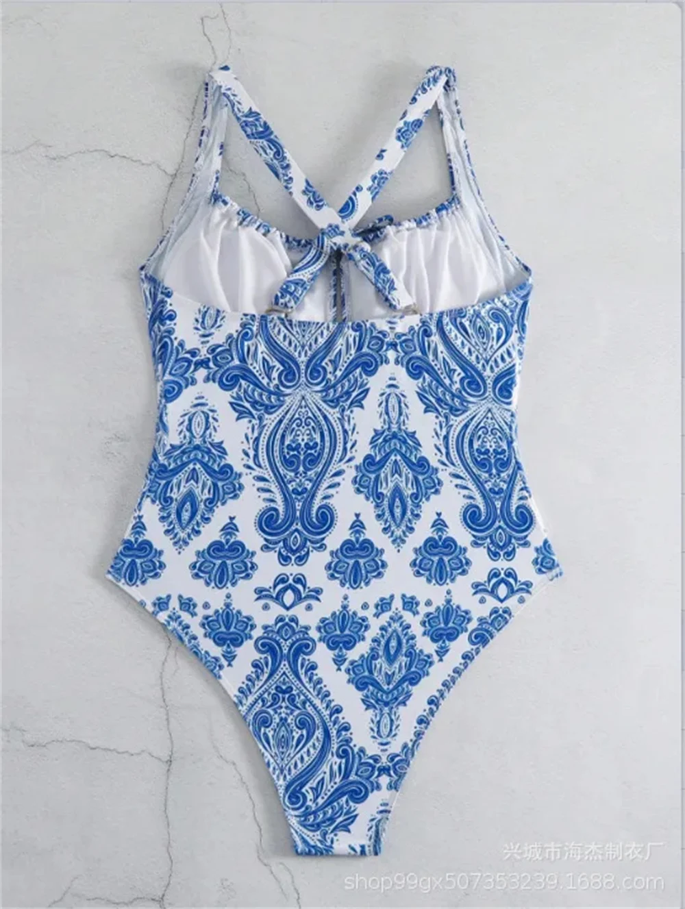 Maiô de porcelana azul e branca, biquíni oco sexy, design traseiro cruz, férias de praia, 1 pc, novo, 2024