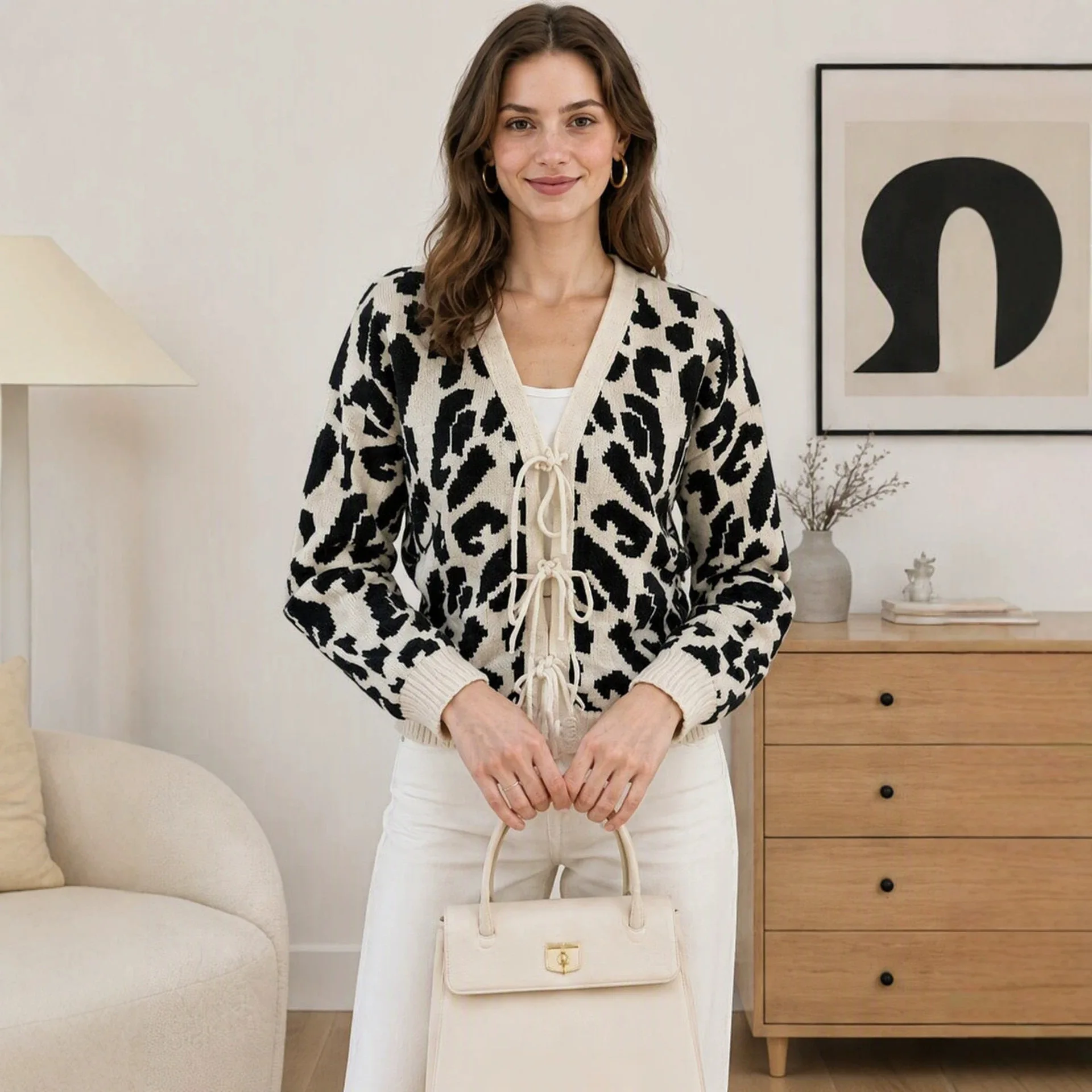 Women Leopard Print Cardigan V Neck Tie Front Knitted Sweater Long Sleeve Animal Print Top Female Autumn Winter Jumper