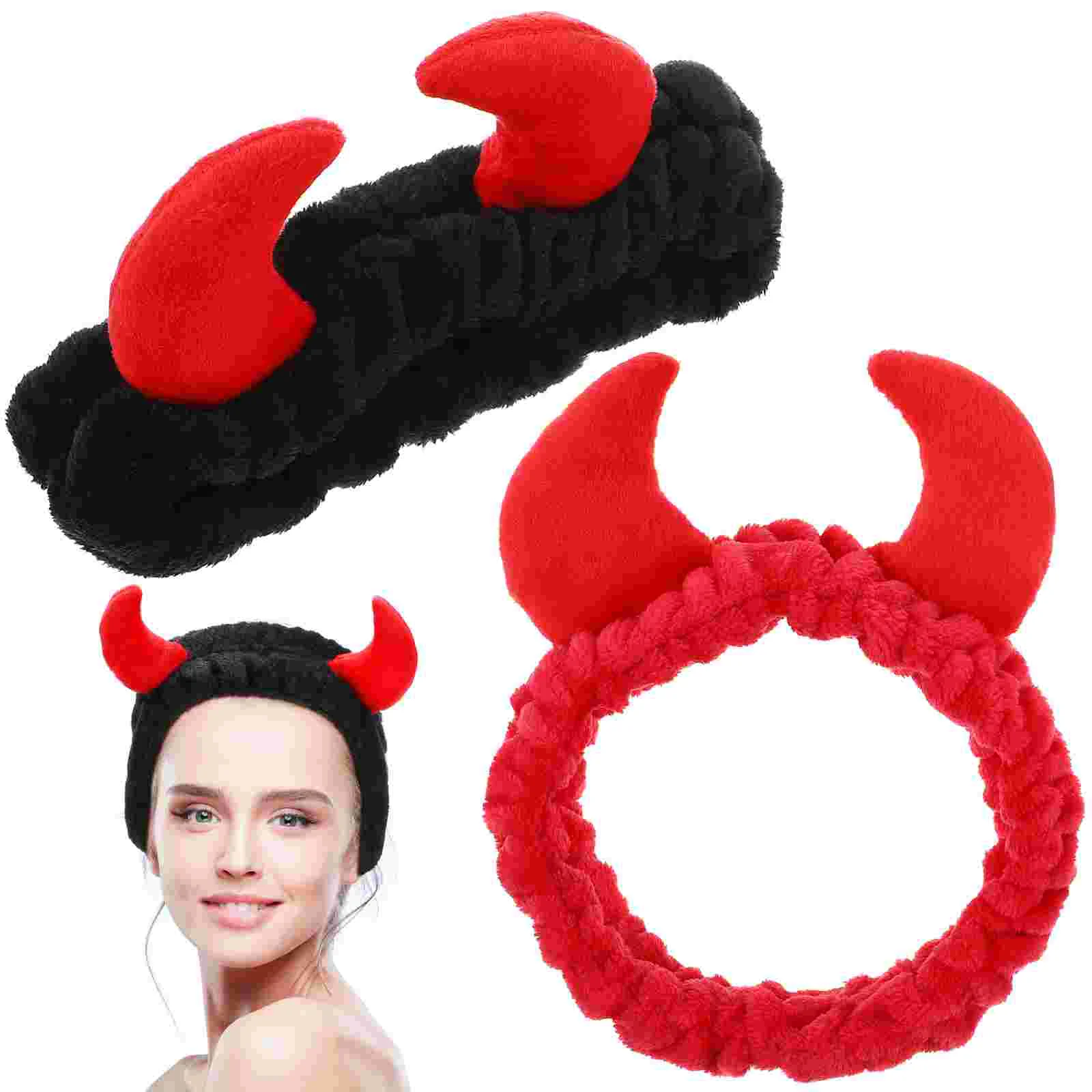 2 uds. Corbata para el pelo para lavado de cara, diademas para niñas, cuernos, maquillaje rojo para mujeres, diademas para el cuidado de la piel, Spa de felpa, demonio, señorita