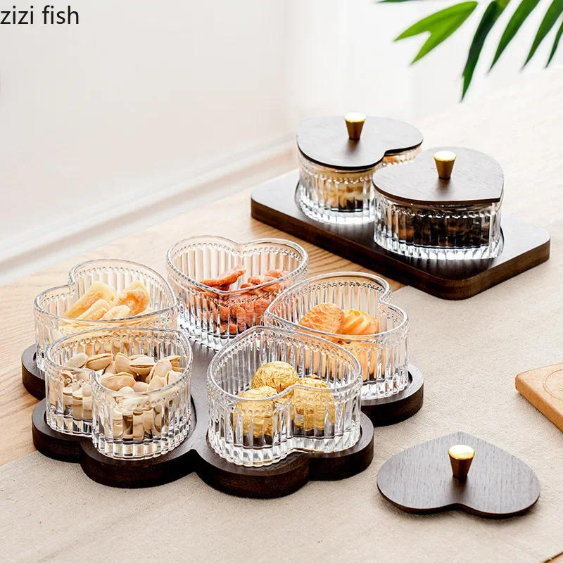 Glass Bowl Set with Wooden Lid Snack Platter Fruit Plate Snack Bowls Dessert Bowl Dim Sum Dish Candy Dish Dried Fruit Plate Tray