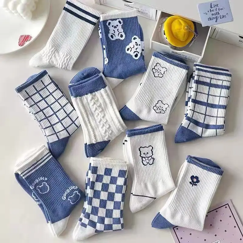 

Japan Harajuku style cartoon creative striped checkered bear socks kawaii print funny girl socks fashion skateboard woman socks