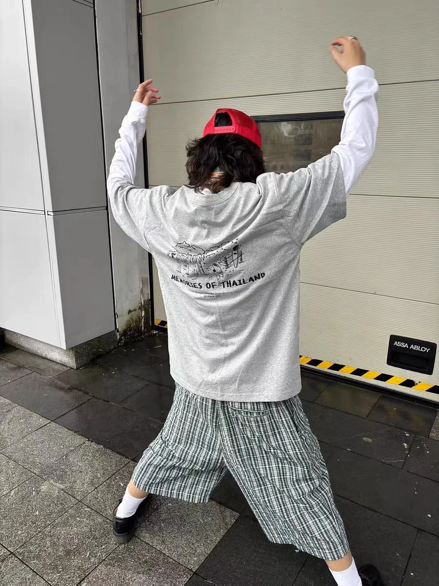 

American Retro Blue een Plaid Loose ape Seven Pants Men Women Summer Lazy Straight Casual Pants Couple Casual orts