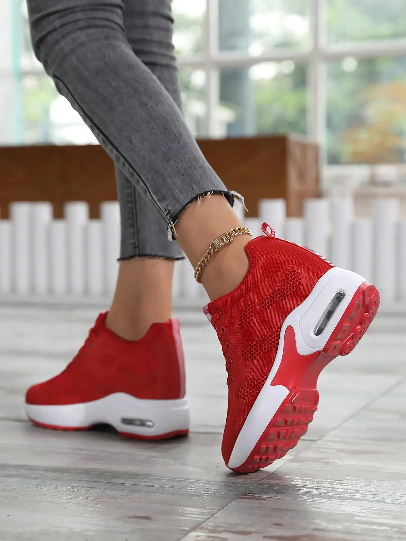 Fashion Wedge Sneakers Women Arch Support Tennis Walking Shoes Red Lightweight Mesh Casual Shoes Baskets Décontractées 1912 v