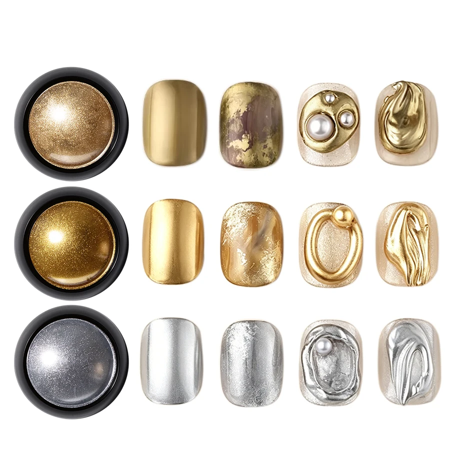 Pó Mágico para Unhas em 3 Cores, Efeito Metálico Dourado Prateado Cromado, Pó Holográfico para Decoração de Unhas