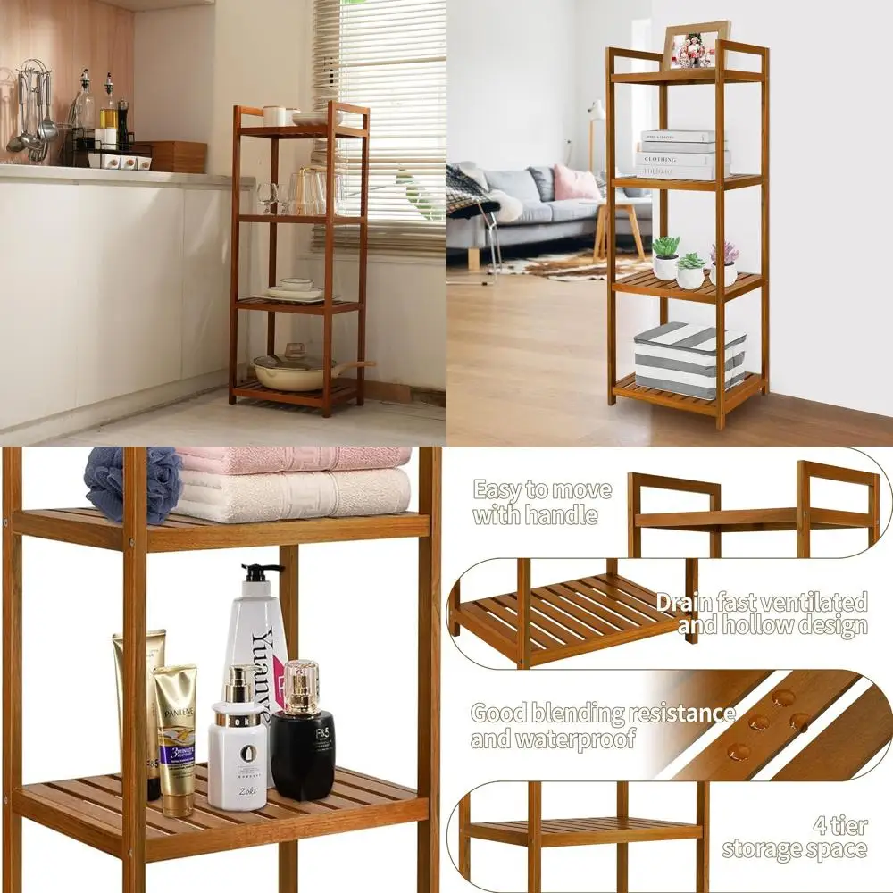 

Отдельно стоящий 4-уровневый органайзер для полки для ванной комнаты из тикового дерева, стоячая душевая кабина для хранения в ванне, кухне, офисе