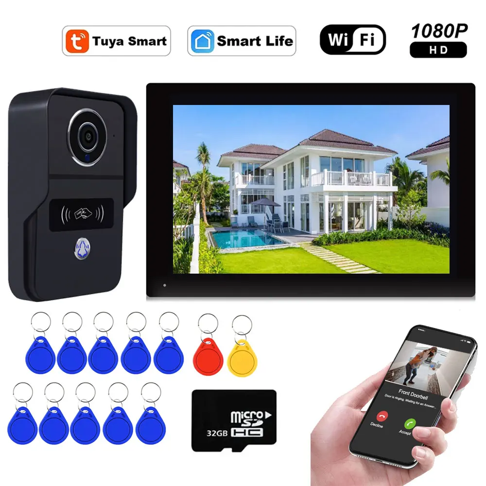 Tuya Smart Wireless Wifi Video Doorbell System 1080P Doorphone Door HD Inductive Card Camera 7 Inch Touch Screen Video Intercom