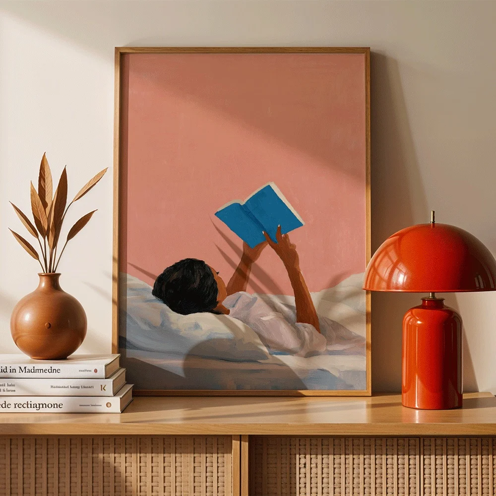 Minimalist Figure Reading In Bed Canvas Wall Decor Picture, 2D Printed Poster Wall Art