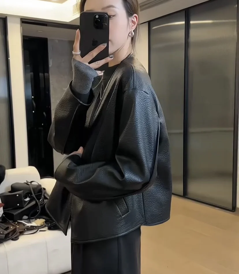 معطف Bla Leather Jaet النسائي ort V-ne لربيع وخريف جديد Sle معطف من جلد الغنم الأصلي مقاس صغير للتنقل Faion