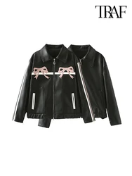 TRAF Women's Autumn and Winter Chic Biker Style Leather Jacket Bow Decoration Zip Leather Jacket Vintage Loose Ladies Jacket