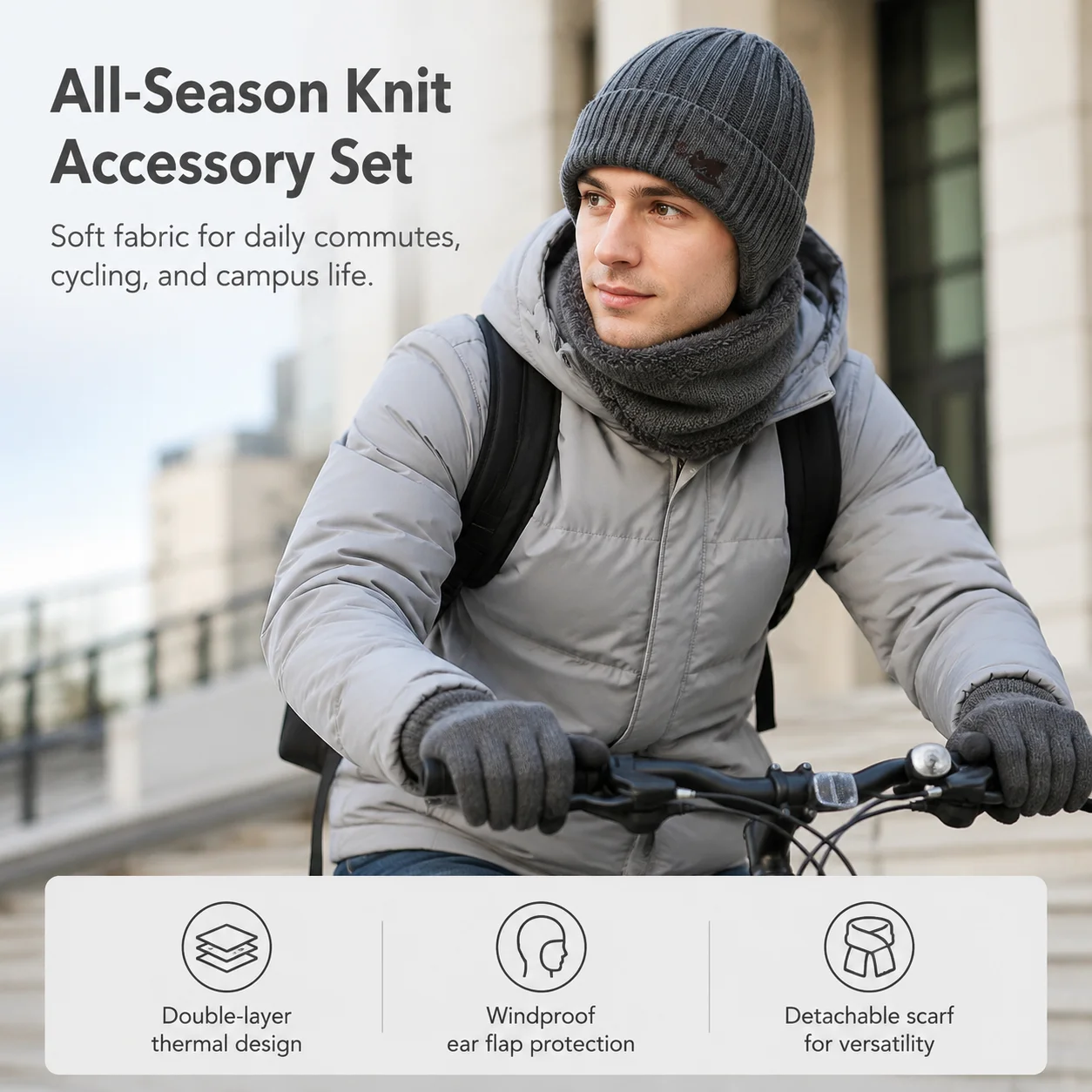 Thermal Knit Beanie Scarf Gloves 3pcs Set Double Layer Windproof Ear Flap Hat with Detachable Scarf for Winter Daily Commute