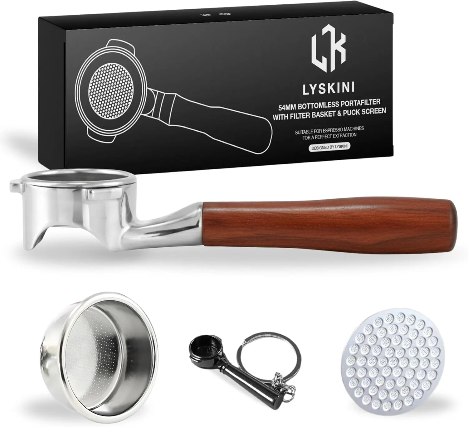 

54mm Bottomless Portafilter for Breville/Sage – Rosewood Handle, Fits Barista Express, Pro, Touch, Bambino & Plus